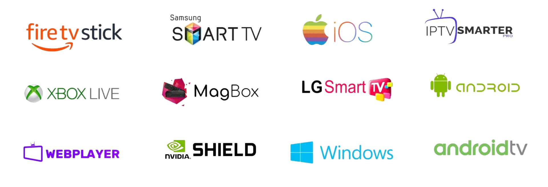 IPTVmojo compatible devices: Fire TV, Samsung Smart TV, iOS, IPTV Smarters, Xbox, MagBox, Android, Windows, NVIDIA Shield, Android TV